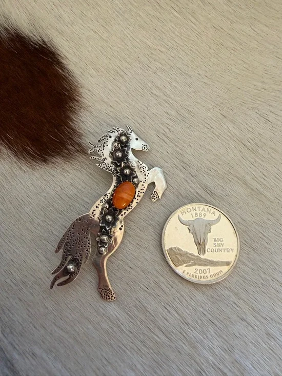 ❤️ Spiny Oyster Decorative Sterling Hand Stamped Statement Horse Pendant 2.16”L - Picture 4 of 11